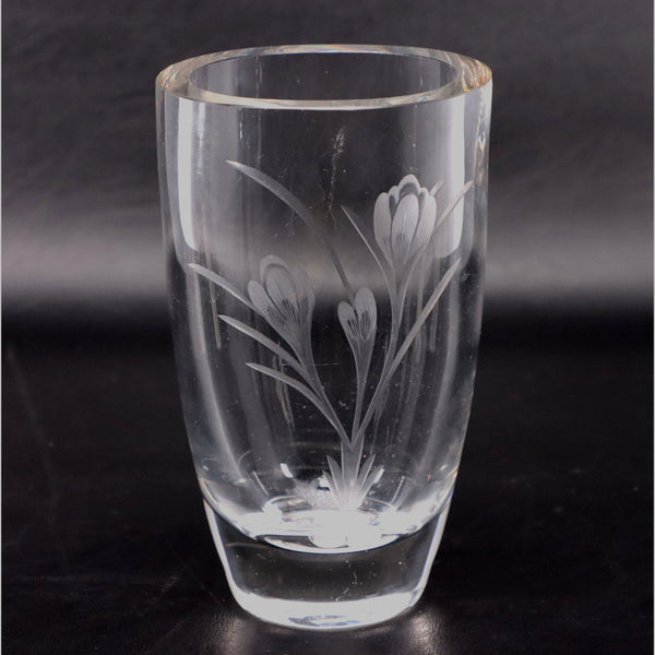 Etched Floral Heavy Crystal Flower Vase 6 1/4" Vintage Glass