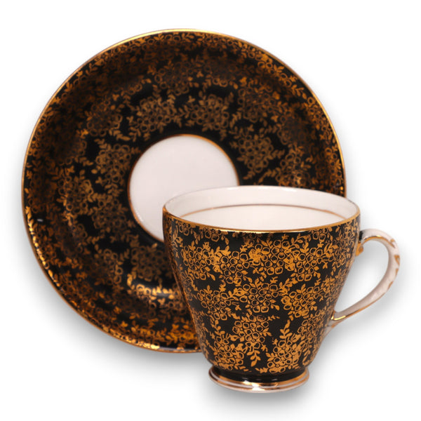 Royal Grafton Black and Gold Flowers Footed Tea Cup Saucer Set England Vintage