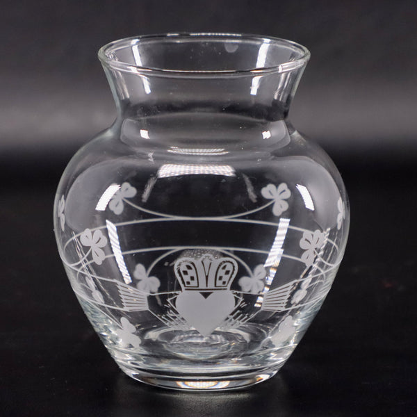 Eamon Glass Shamrock Clover Etched Engraved Glass Vase Vintage