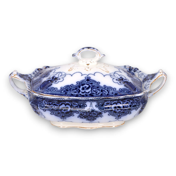 Samuel Ford Lincoln Pottery Lonsdale Flow Blue Lidded Vegetable Dish Antique