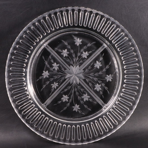 Crystal Etched Floral Reticulated Pierced Clear Glass 10 3/8" Dinner Plate