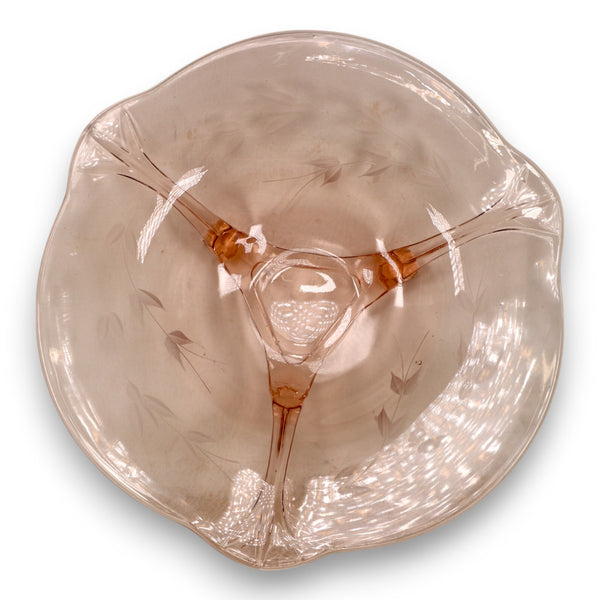 Etched Pink Depression Glass Footed Fruit Bowl 12 1/2" Vintage 1930's