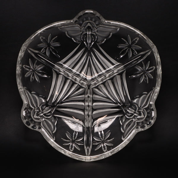 Gorham Crystal Holiday Angel of Peace 8" 3 Section Candy Nut Relish Glass Dish