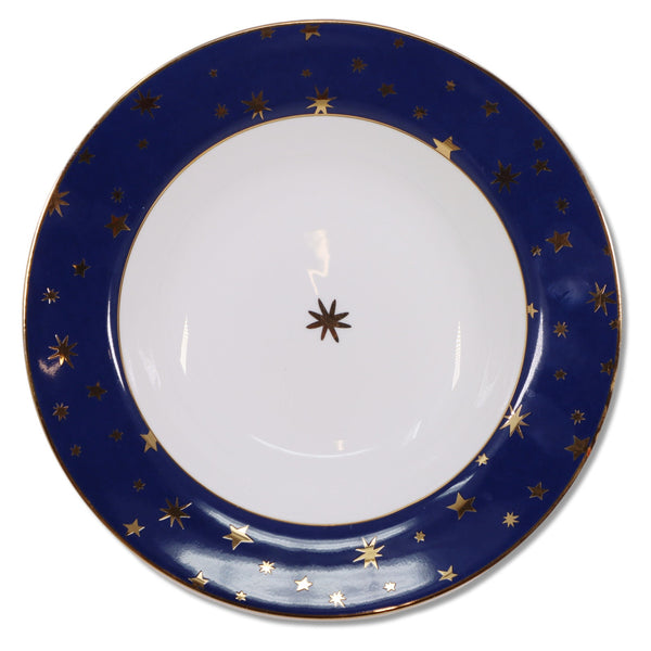 Sakura Galaxy Blue Rimmed Soup Bowl 8 3/4" Gold Stars Blue Band Vintage 1990's