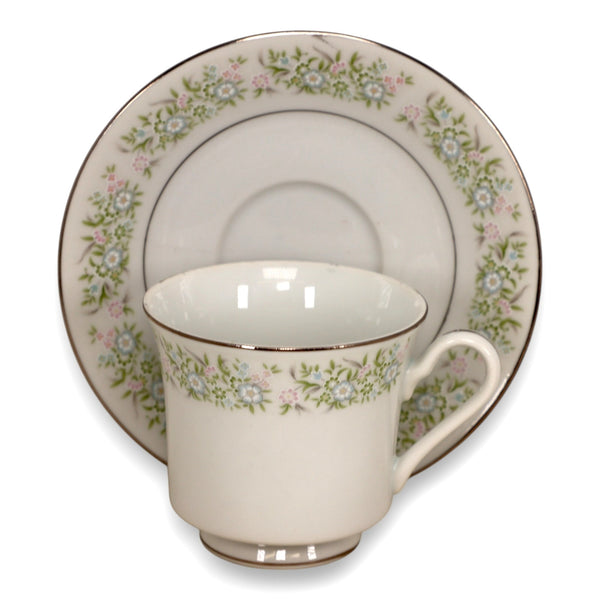 Taihei Springtime Tea Cup Saucer Set Green Floral Platinum Trim Japan Vintage 1980's