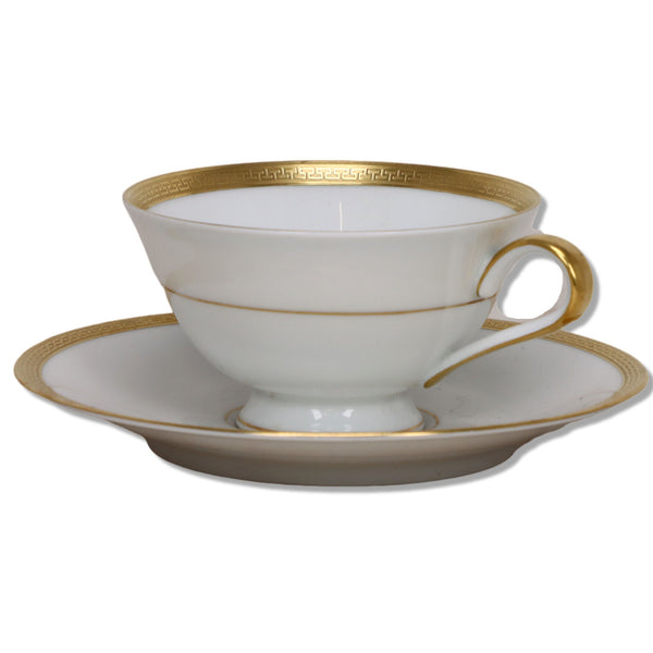 Heinrich H & Co Gold Greek Key Footed Tea Cup Saucer Encrusted Band 1930's