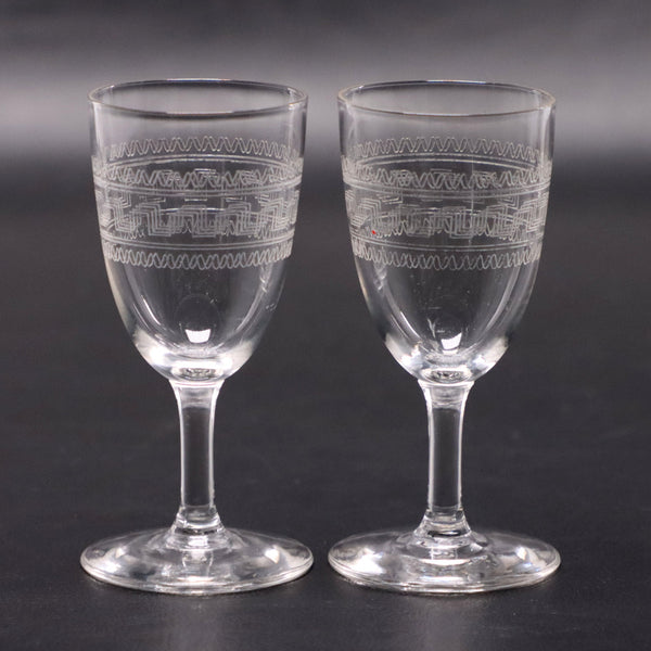 Pair of Edwardian Greek Key Etched Sherry Glasses 3 1/2" Antique