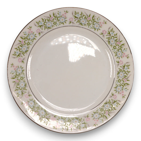 Taihei Springtime Bread Plate 6 1/4" Green Floral Platinum Trim Vintage 1980's