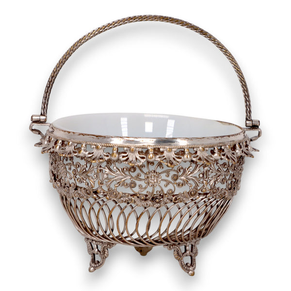 Ornate Silver Filigree Brides Basket with Porcelain Liner Vintage c.1930