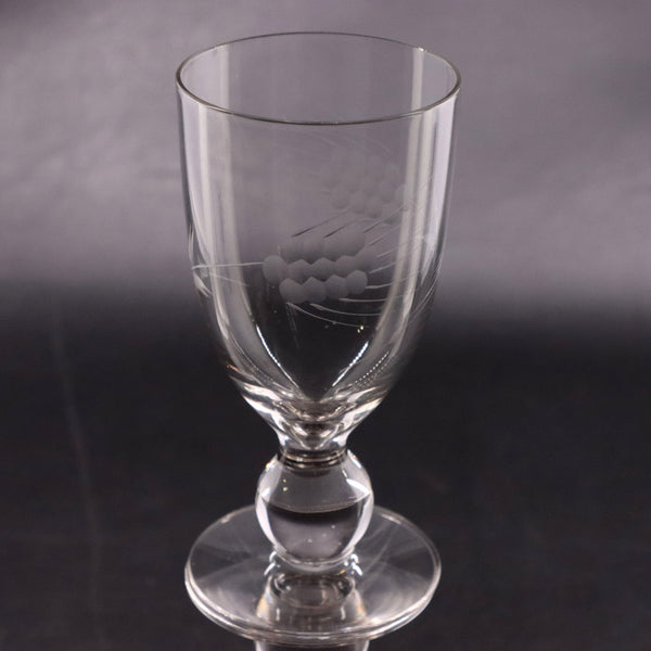 Javit Wheat Etched Crystal Wine Glass 5 1/4" Ball Stemmed Vintage MCM
