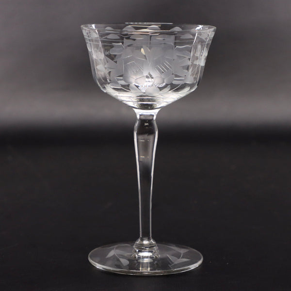 Etched Floral Crystal Coupe Champagne Glass Optic Paneled Vintage Bohemian 1940s