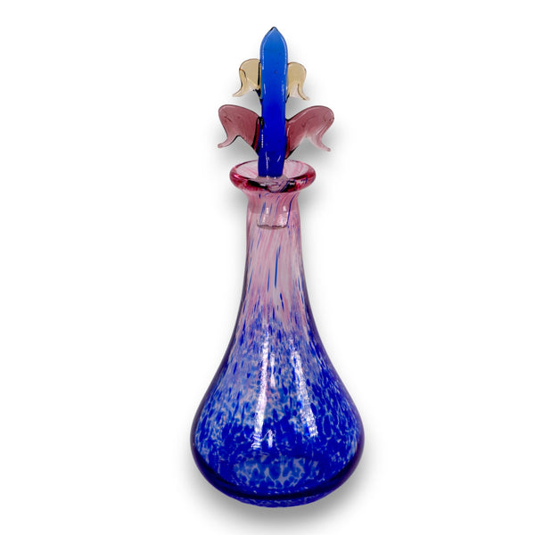 Murano Art Glass Decanter Blue Pink Speckled Fleur Stopper Vintage 1980s
