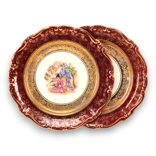 Rosenthal 2pc Oriental Courting Couples Pompadour Plate Set  8 1/4" 1940's