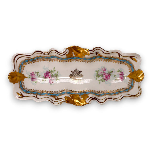 Milton Austria Rectangular Asparagus Dish Blue Gold Lace Floral Antique C 1900