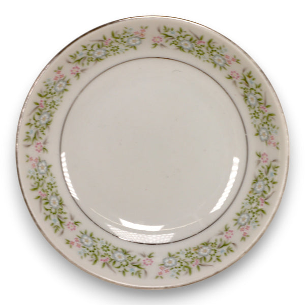 Taihei Springtime Fruit Bowl 5 1/2" Green Floral Platinum Trim Vintage 1980's