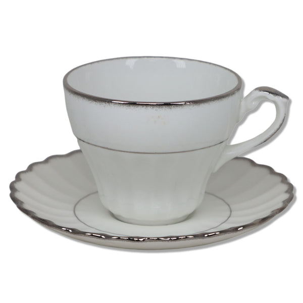 J & G Meakin Cheltenham Silver Tea Cup Saucer White Fluted Platinum 1960's