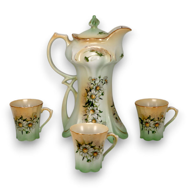 Limoges China Daisy Chocolate Pot with 3 Cups Hand-Painted Antique 1900s