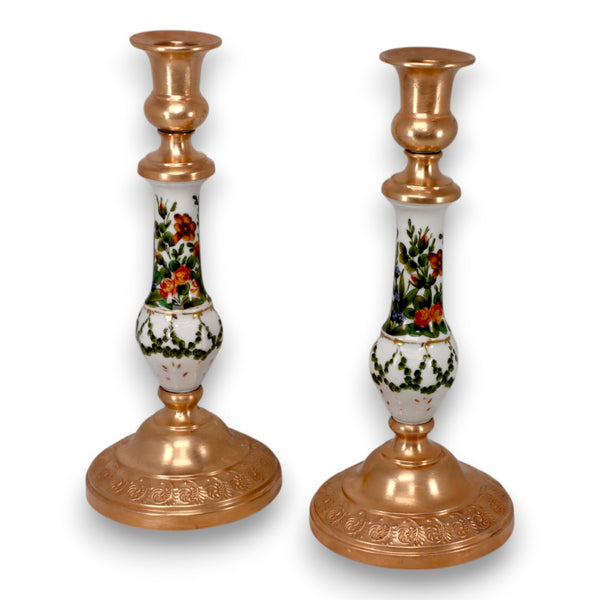 Brass and Hand Painted Porcelain Candlestick Holders 1 Pair 2pc Vintage