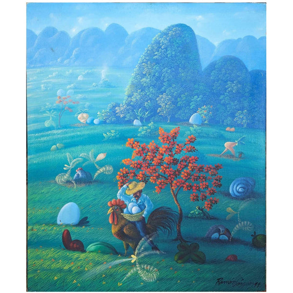 Ramon Vazquez Man Riding Rooster 20 1/2 x 17 Cuban Art Original Oil Canvas 2000