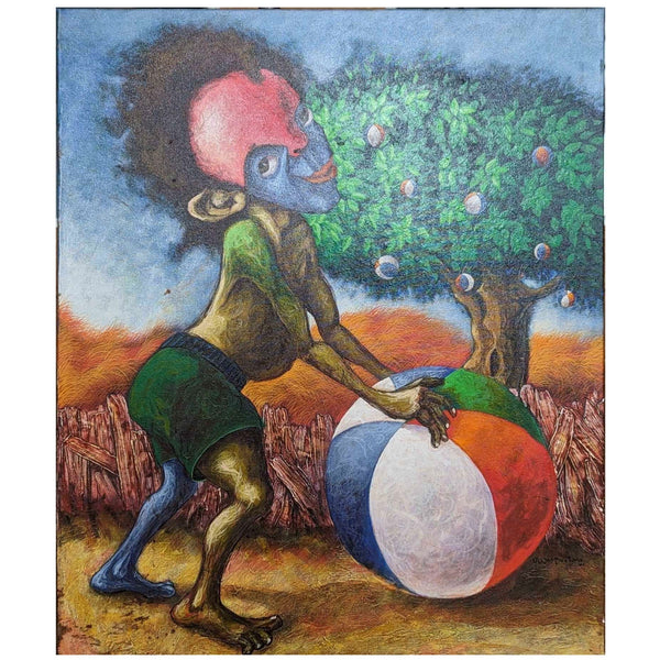 Ulises Bretana Hevia Boy with Nature Ball Cuban original Oil on Canvas 1999