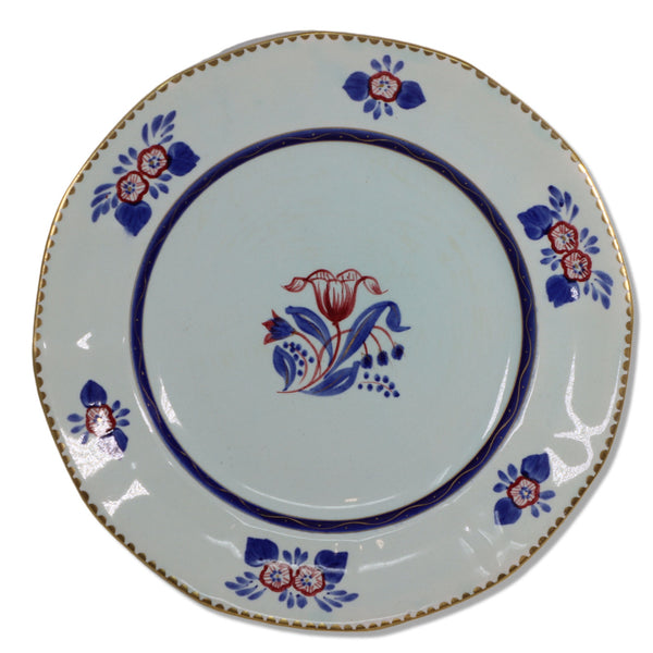 Adams China Georgian Salad Plate 8" Blue Red Flower Gold Trim England Vintage