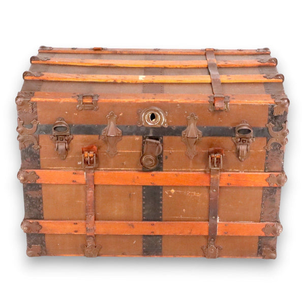 Flat Top Antique Steamer Trunk Brown Canvas Pirate Chest Coffee Table 1890's 7702