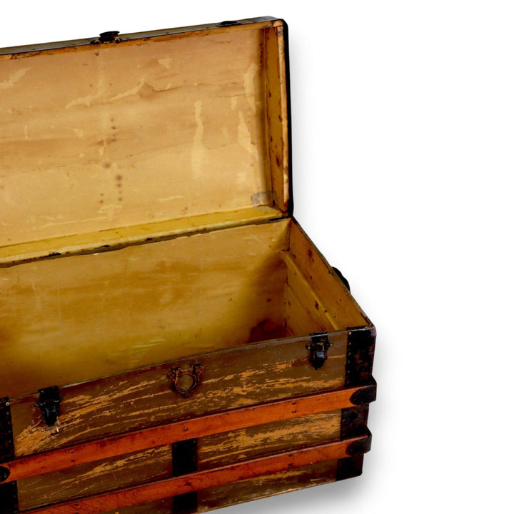 Flat Top Brown Canvas Steamer Trunk Coffee Table 33x21x19 Antique 1900's 8775