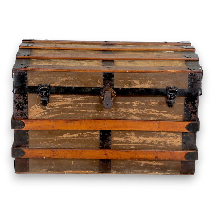 Flat Top Brown Canvas Steamer Trunk Coffee Table 33x21x19 Antique 1900's 8775