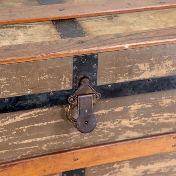 Flat Top Brown Canvas Steamer Trunk Coffee Table 33x21x19 Antique 1900's 8775