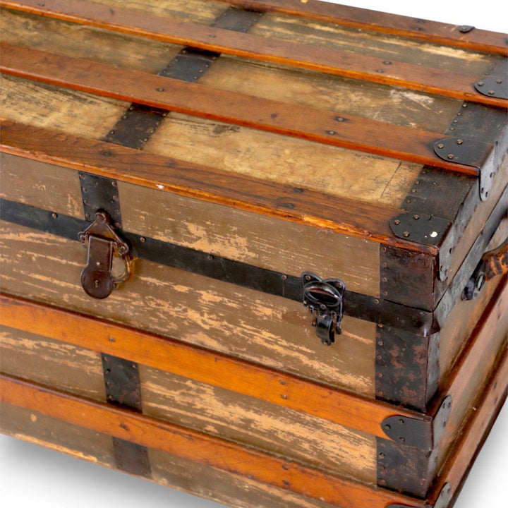 Flat Top Brown Canvas Steamer Trunk Coffee Table 33x21x19 Antique 1900's 8775