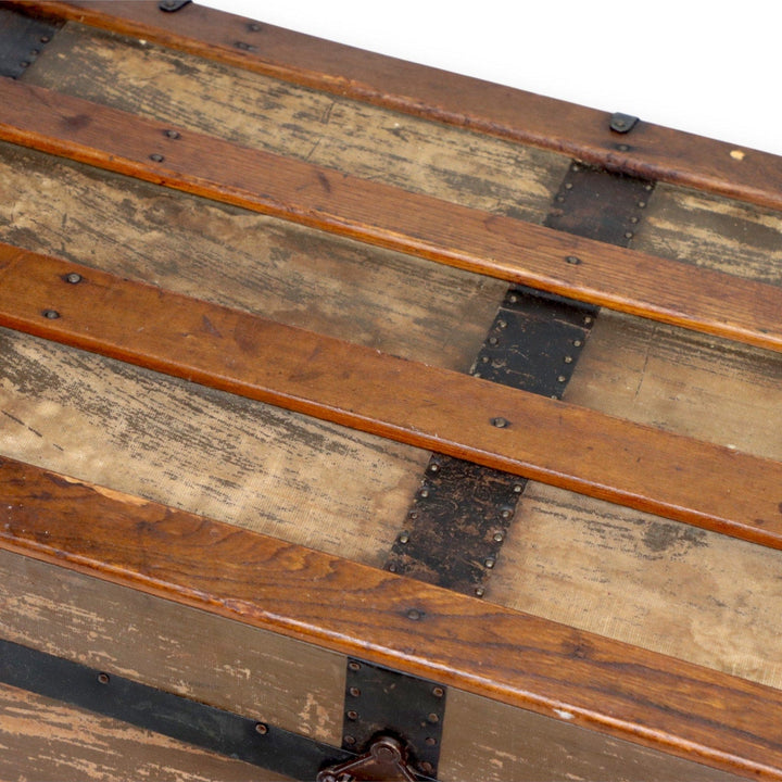Flat Top Brown Canvas Steamer Trunk Coffee Table 33x21x19 Antique 1900's 8775