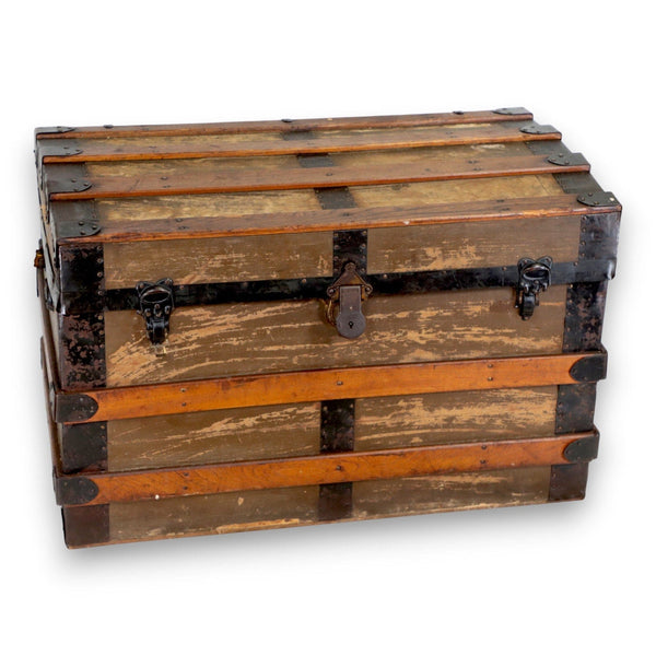 Flat Top Brown Canvas Steamer Trunk Coffee Table 33x21x19 Antique 1900's 8775