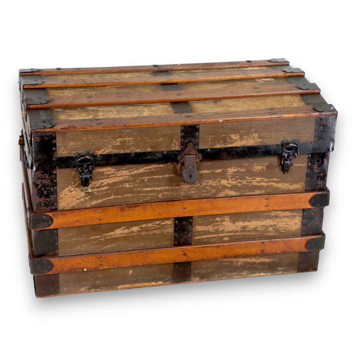 Flat Top Brown Canvas Steamer Trunk Coffee Table 33x21x19 Antique 1900's 8775