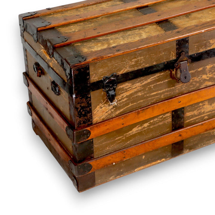 Flat Top Brown Canvas Steamer Trunk Coffee Table 33x21x19 Antique 1900's 8775