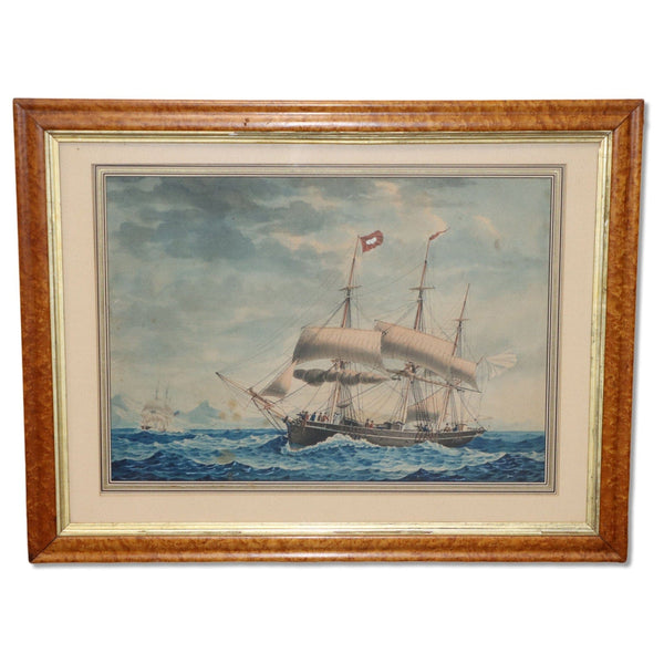 Frederic Roux Ship Approaching Marseilles Birds Eye Frame Antique Lithograph 6120
