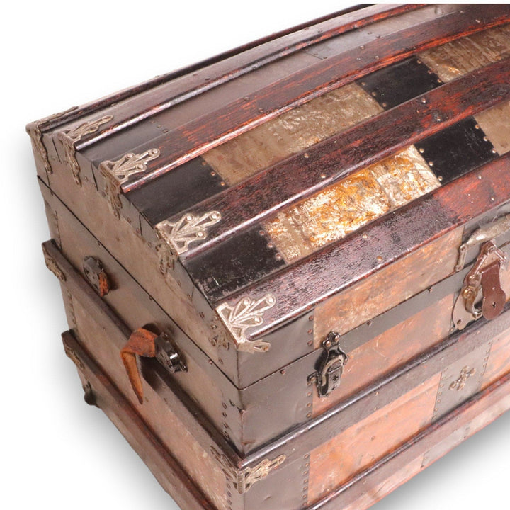 Golden Crystalized Paneled Dome Top Antique Streamer Trunk Antique Pat 1870's 7406