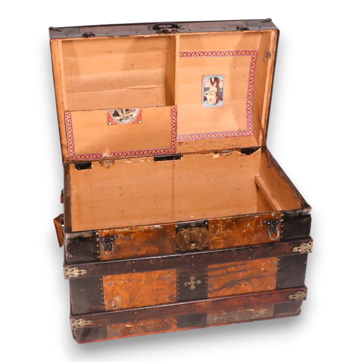 Golden Crystalized Paneled Dome Top Antique Streamer Trunk Antique Pat 1870's 7406