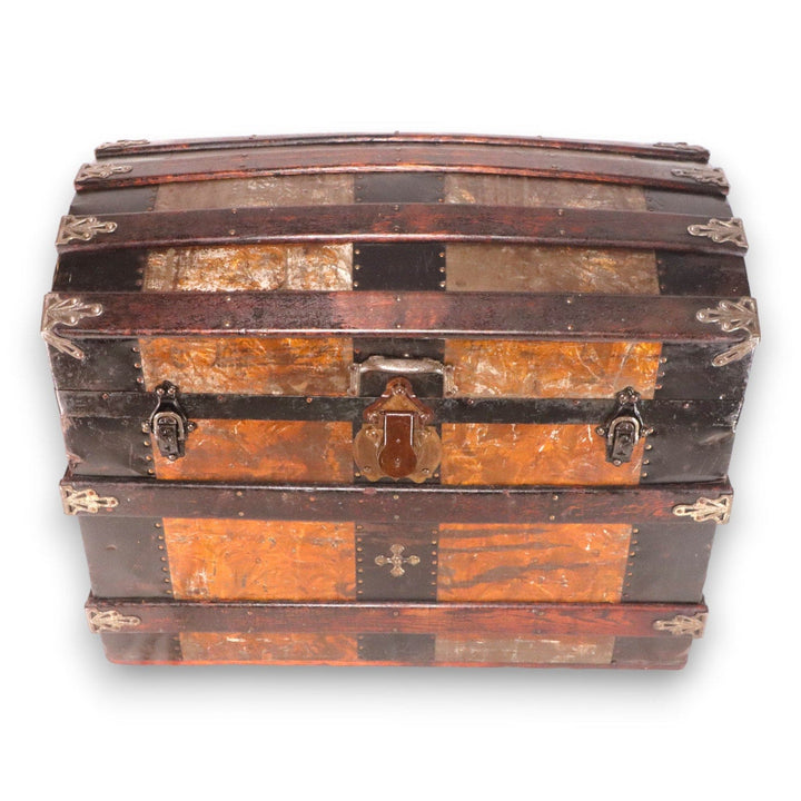 Golden Crystalized Paneled Dome Top Antique Streamer Trunk Antique Pat 1870's 7406