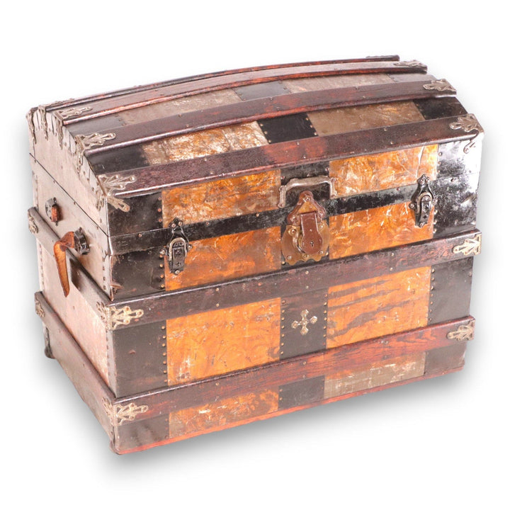 Golden Crystalized Paneled Dome Top Antique Streamer Trunk Antique Pat 1870's 7406