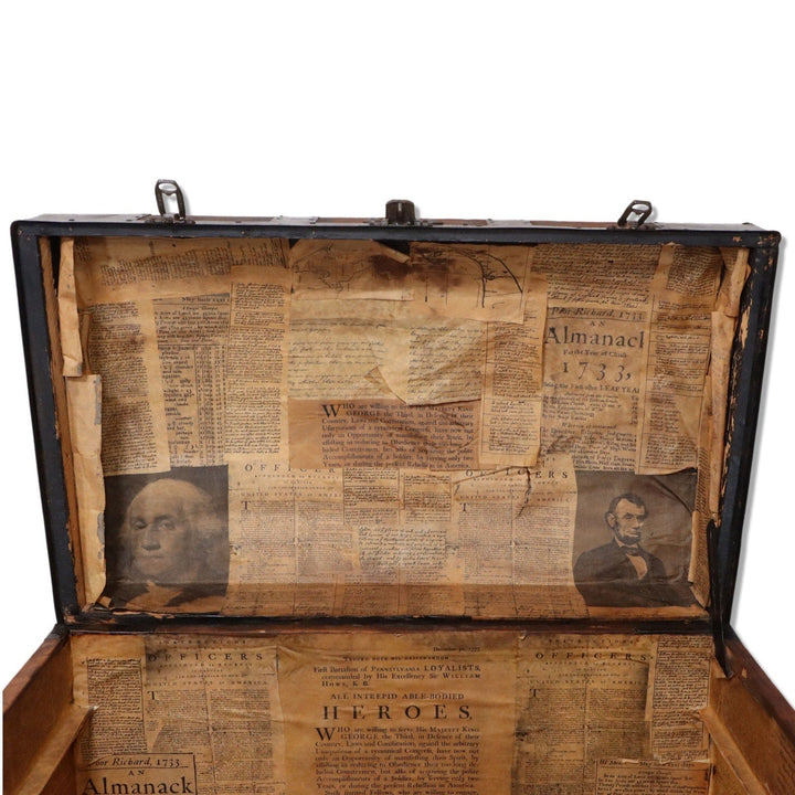 Leather Panel Dome Top Antique Steamer Trunk 34 1/2" 18th C. Newsprint Lined 6080