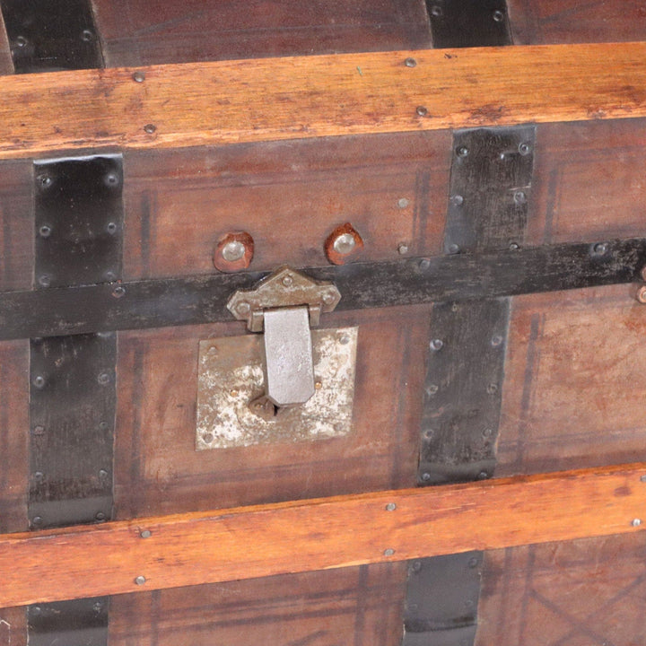 Leather Panel Dome Top Antique Steamer Trunk 34 1/2" 18th C. Newsprint Lined 6080