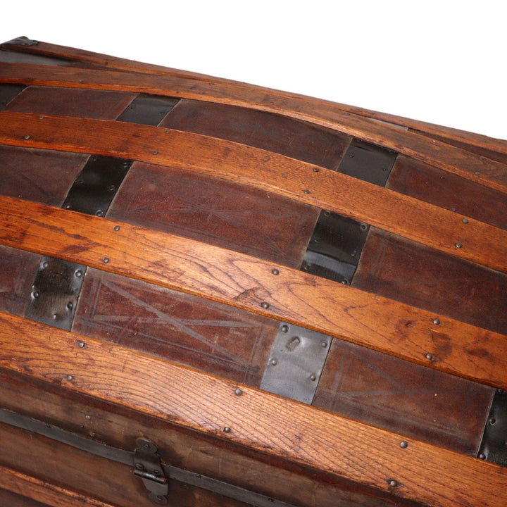 Leather Panel Dome Top Antique Steamer Trunk 34 1/2" 18th C. Newsprint Lined 6080