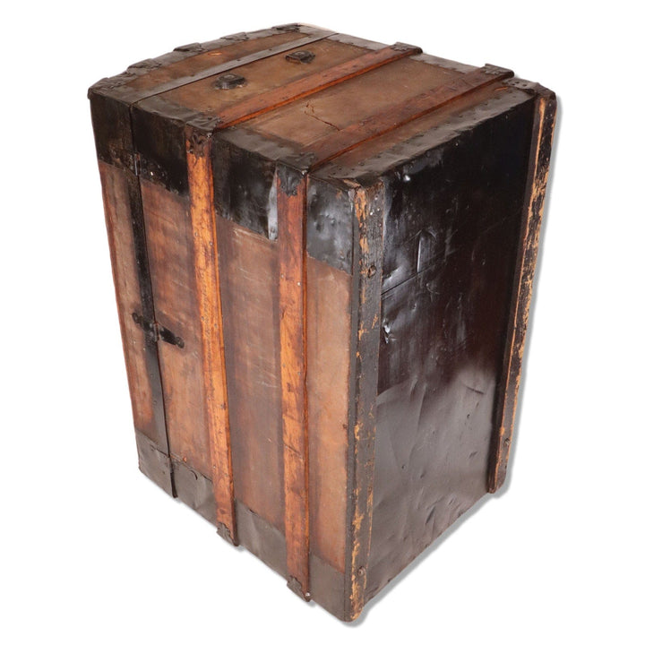 Leather Panel Dome Top Antique Steamer Trunk 34 1/2" 18th C. Newsprint Lined 6080