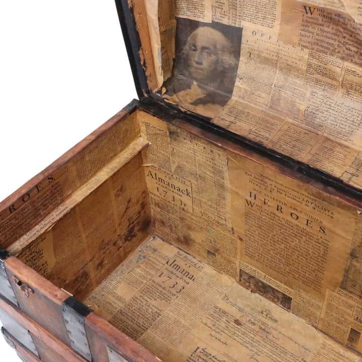 Leather Panel Dome Top Antique Steamer Trunk 34 1/2" 18th C. Newsprint Lined 6080