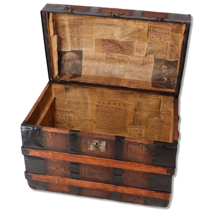 Leather Panel Dome Top Antique Steamer Trunk 34 1/2" 18th C. Newsprint Lined 6080