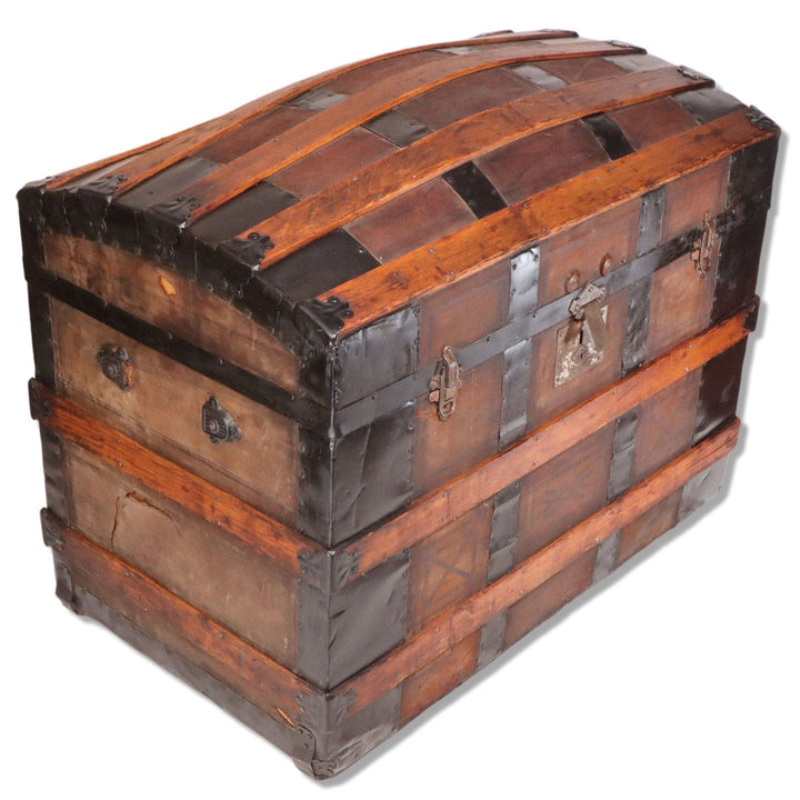 Leather Panel Dome Top Antique Steamer Trunk 34 1/2" 18th C. Newsprint Lined 6080