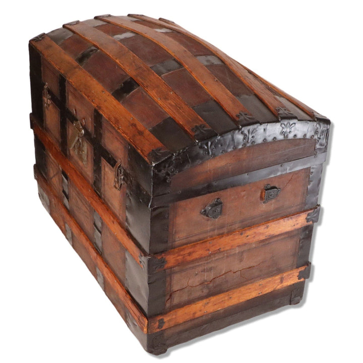 Leather Panel Dome Top Antique Steamer Trunk 34 1/2" 18th C. Newsprint Lined 6080