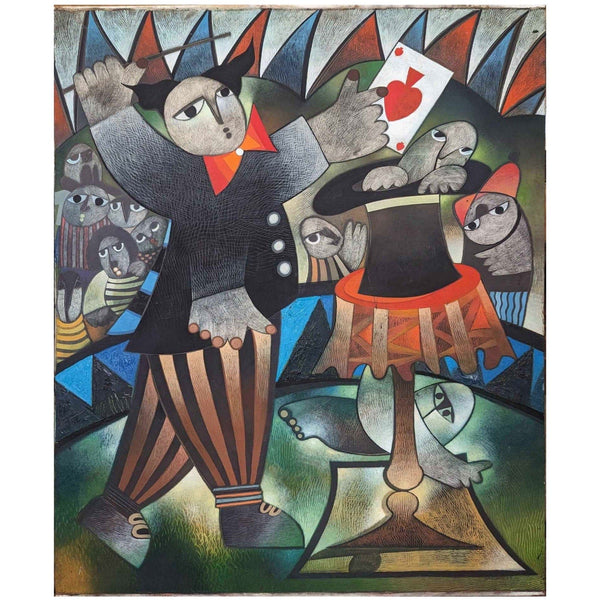 Orestes Gaulhiac Kids at Circus 48x40 Orig Cuban Art Painting Oil Canvas 1999 7482.8
