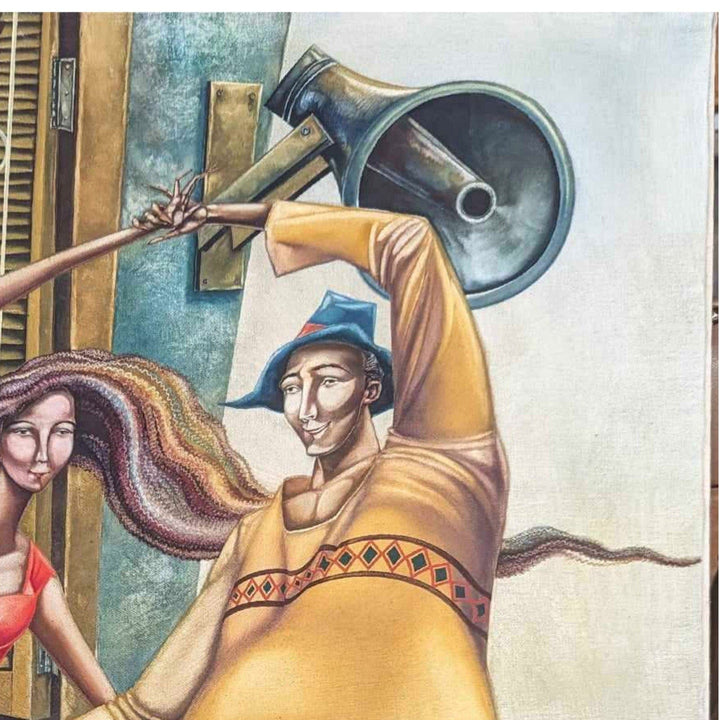 Rene Ramos Bailando Con La Noticia 39x32 Oil Canvas Original Cuban Art Painting 7482.18