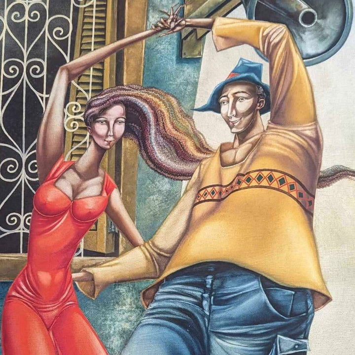 Rene Ramos Bailando Con La Noticia 39x32 Oil Canvas Original Cuban Art Painting 7482.18